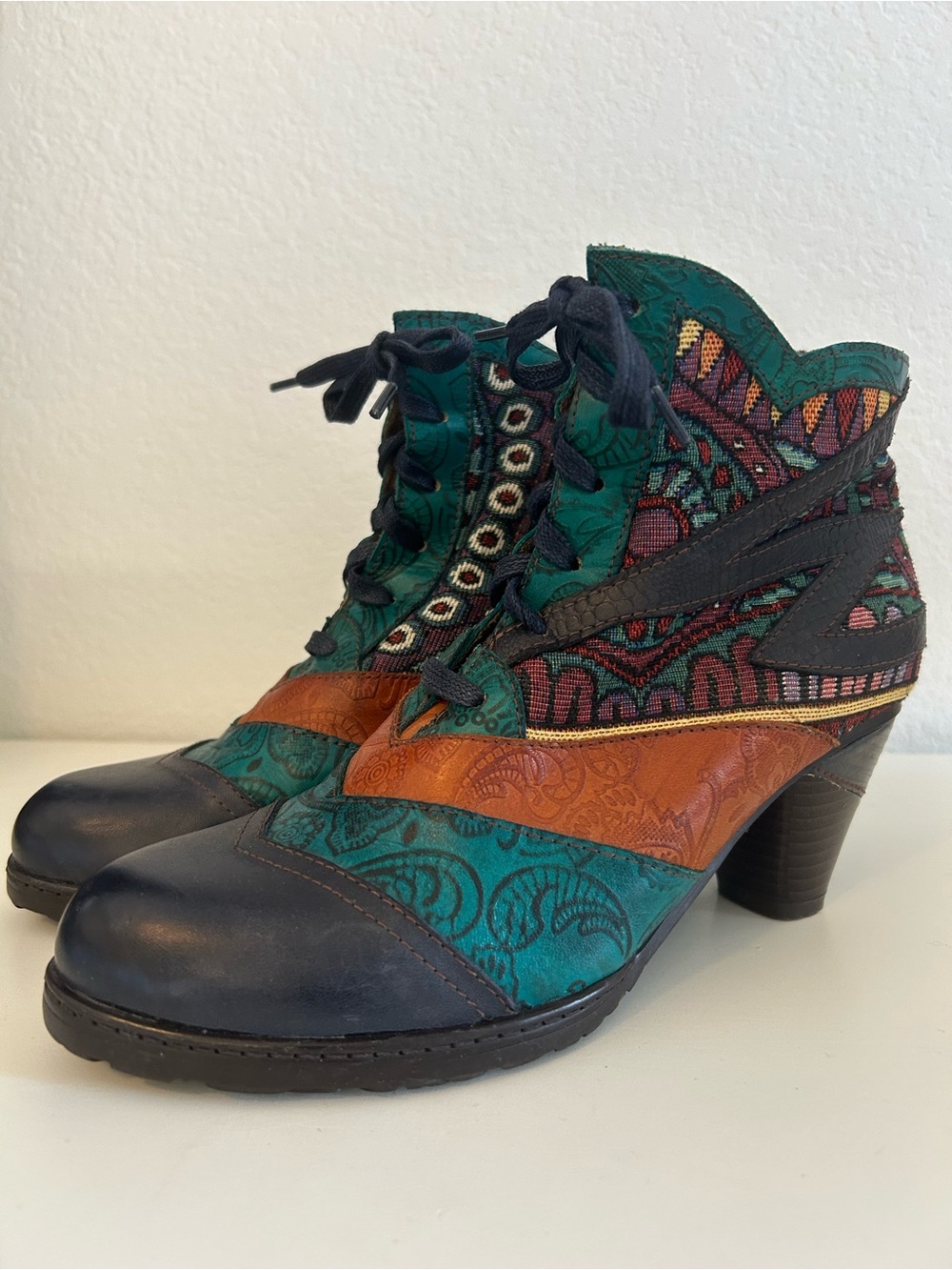 Socofy Leather Multi-Textile Patchwork Heel Ankle Boots Boho, Size 38 EU/7.5 US